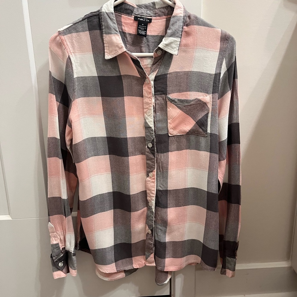Pink/grey plaid button up Size medium